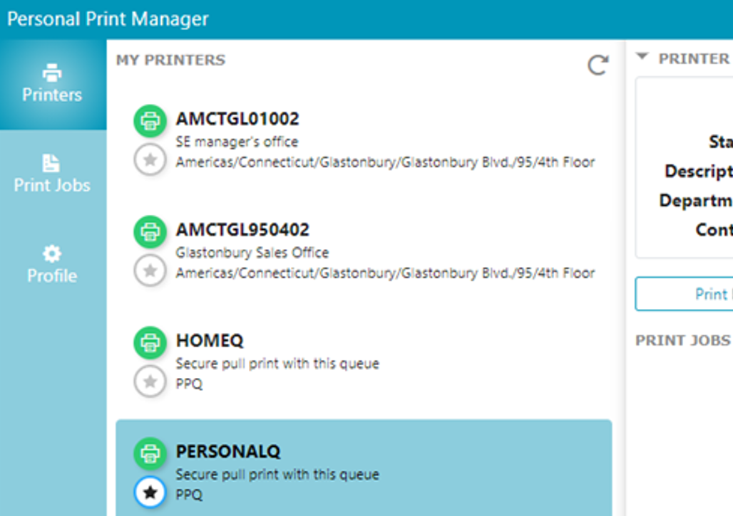 Personal Print Manager Screen (image)