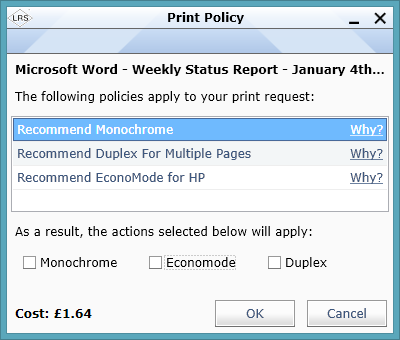 Example of LRS Policy Printing Overrides Pane